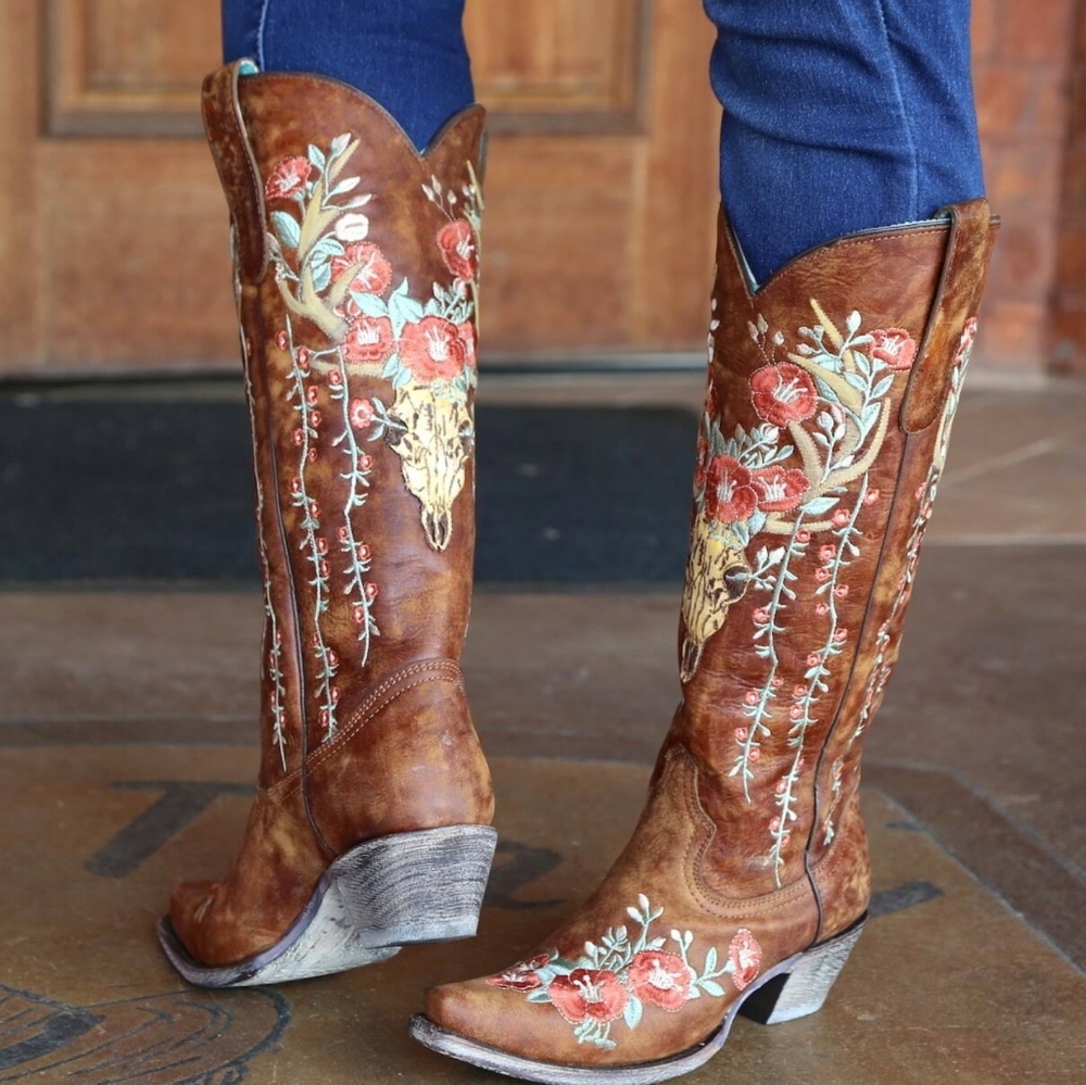 CORRAL A3620 brown floral embroidery & deer skull cowgirl boots snip toe sz 7.5